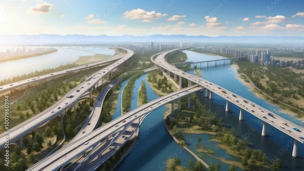 Aerial perspective of a highway bridge, showcasing modern infrastructure development, designed for efficient vehicular transport across landscapes. Aerial perspective of a highway bridge, showcasing modern infrastructure development, designed for efficient vehicular transport across landscapes.