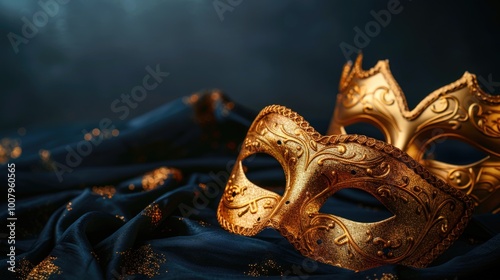 Golden venetian masks on blue fabric photo