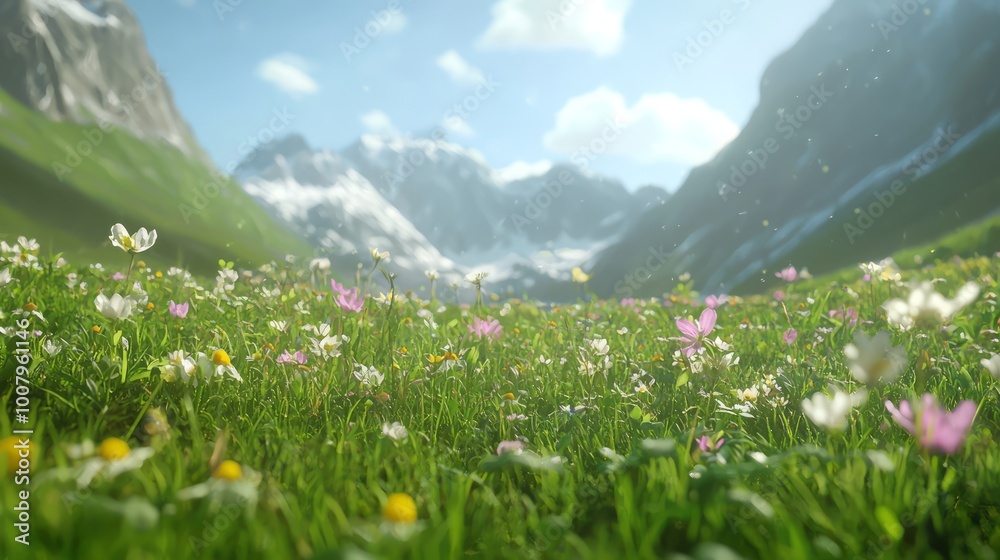 Fototapeta premium Majestic Alpine Meadow with Wildflowers and Snow-capped Mountains