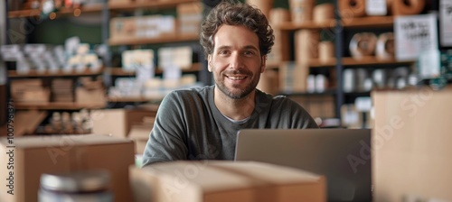 Smiling Business Owner Managing Inventory in a Sustainable Packaging Shop with Laptop