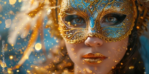 CloseUp of Woman in Ornate Gold and Blue Masquerade Mask Amid Sparkling Lights