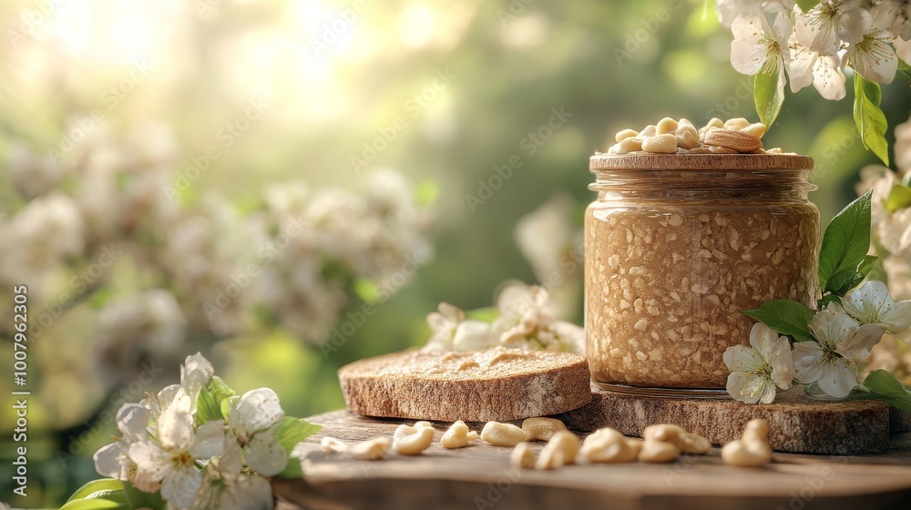 A jar of creamy nut butter sits on a wooden surface surrounded by blooming flowers, evoking a serene, natural atmosphere.