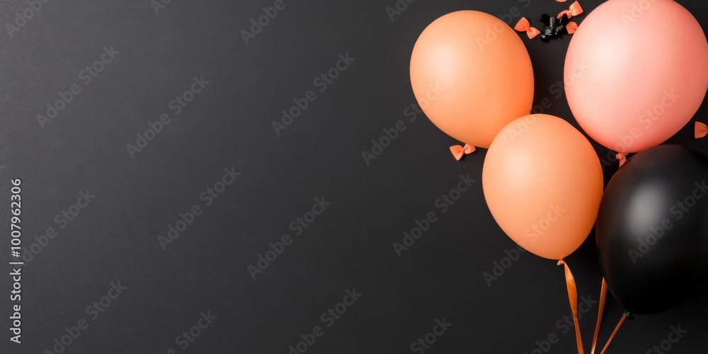 Orange and black Halloween balloons with small decorative bows on a dark background, perfect for festive Halloween decorations. Orange and black Halloween balloons with small decorative bows on a dark background, perfect for festive Halloween decorations.