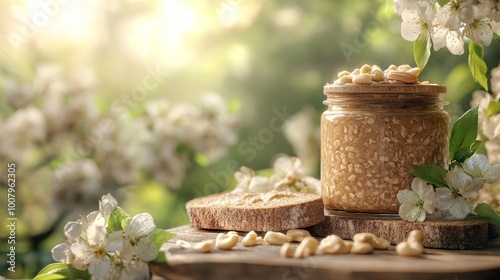 Obraz na płótnie A jar of creamy nut butter sits on a wooden surface surrounded by blooming flowers, evoking a serene, natural atmosphere. w salonie