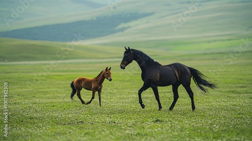 A Brown Colt and a Black Mare Grazing in a Green Meadow