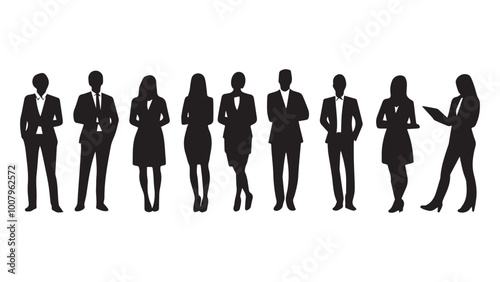 Set of vector silhouettes of men and a women, a group of standing business people, black color isolated on white background