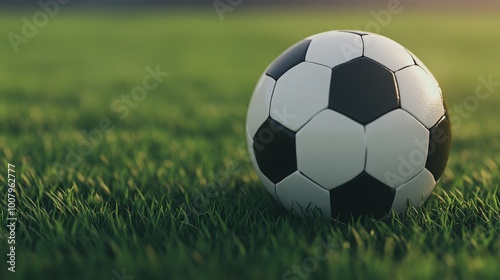 A close-up of a classic black and white soccer ball resting on lush green grass under soft lighting.