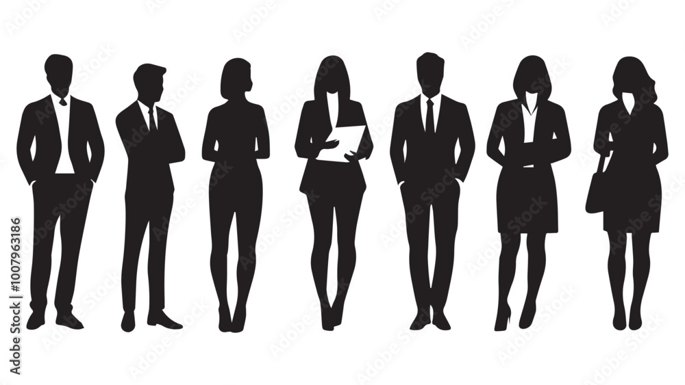 Set of vector silhouettes of men and a women, a group of standing business people, black color isolated on white background