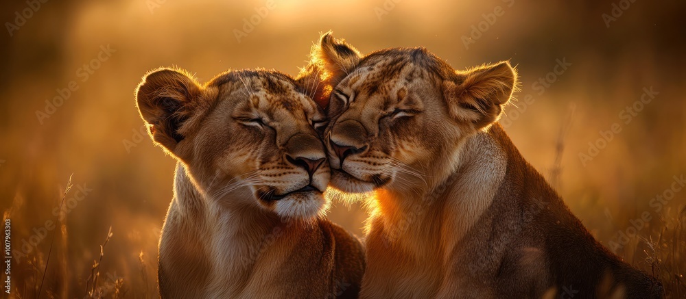 Two lionesses nuzzling each other in the golden light of the setting sun. Two lionesses nuzzling each other in the golden light of the setting sun.