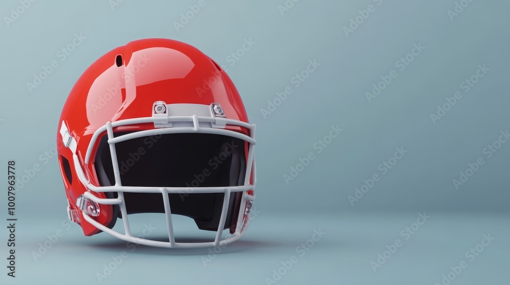 A vivid red football helmet with a sleek design, displayed against a light blue background, emphasizing its protective features for players. A vivid red football helmet with a sleek design, displayed against a light blue background, emphasizing its protective features for players.