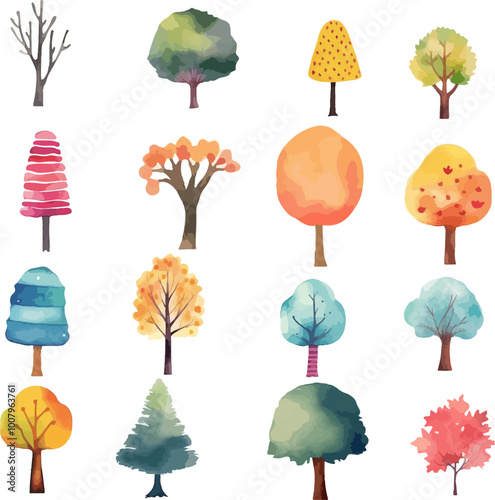 a set of watercolor trees with different colors
