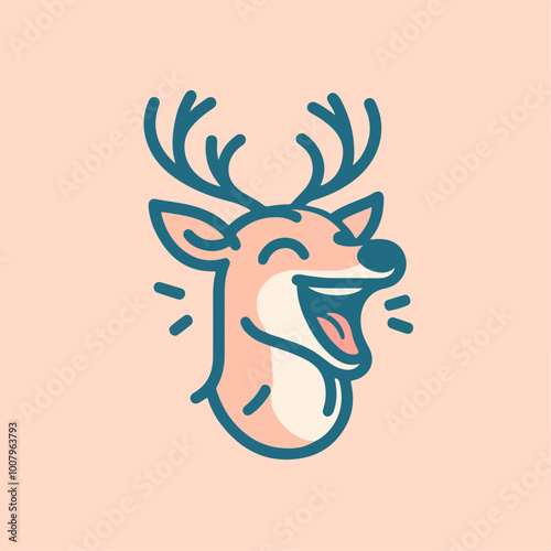 cute Laughing deer in childish style with smile muzzle, horns and eyes. Funny wild animal with happy face. Vector flat illustration for holidays