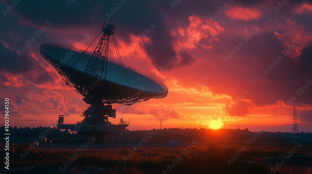 large satellite dish stands alone in an open field at sunset, symbolizing communication, exploration, and technological advancement against a serene, nature-filled backdrop, bridging the modern and th