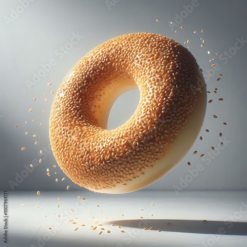 Realistic Floating Sesame Bagel in a Sleek Kitchen - The Toasted Sesame Seeds Shine Under Soft Lighting, Creating an Appealing Food Scene Ideal for Use in Magazines and Social Media Posts.
