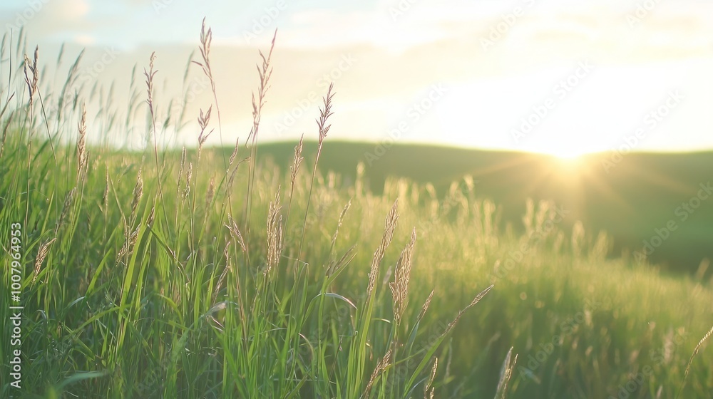 Serene Prairie Bliss at Golden Hour with Breathtaking Sunset