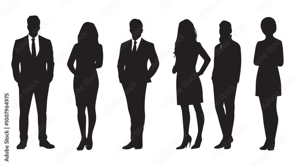 Set of vector silhouettes of men and a women, a group of standing business people, black color isolated on white background Set of vector silhouettes of men and a women, a group of standing business people, black color isolated on white background