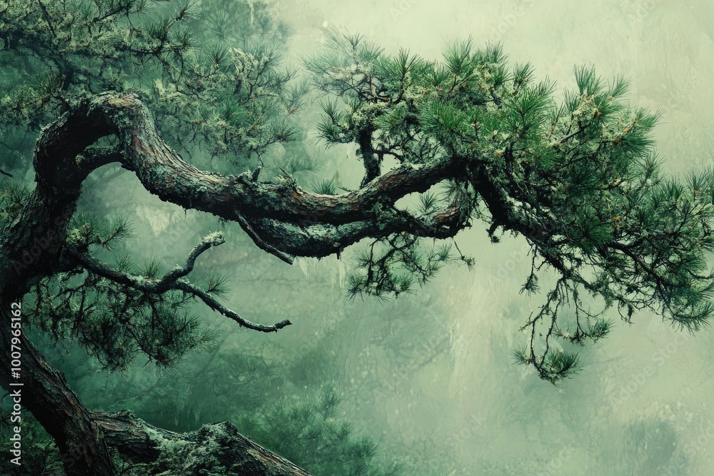A Moss-Covered Pine Branch Reaching Through Foggy Forest A Moss-Covered Pine Branch Reaching Through Foggy Forest