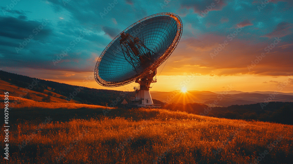 large satellite dish stands alone in an open field at sunset, symbolizing communication, exploration, and technological advancement against a serene, nature-filled backdrop, bridging the modern and th large satellite dish stands alone in an open field at sunset, symbolizing communication, exploration, and technological advancement against a serene, nature-filled backdrop, bridging the modern and th