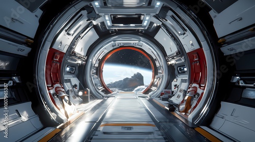 Fototapeta Naklejka Na Ścianę i Meble -  Futuristic space station or spaceship interior corridor. science fiction concept 3d rendering. Spaceship Interior. Illustration