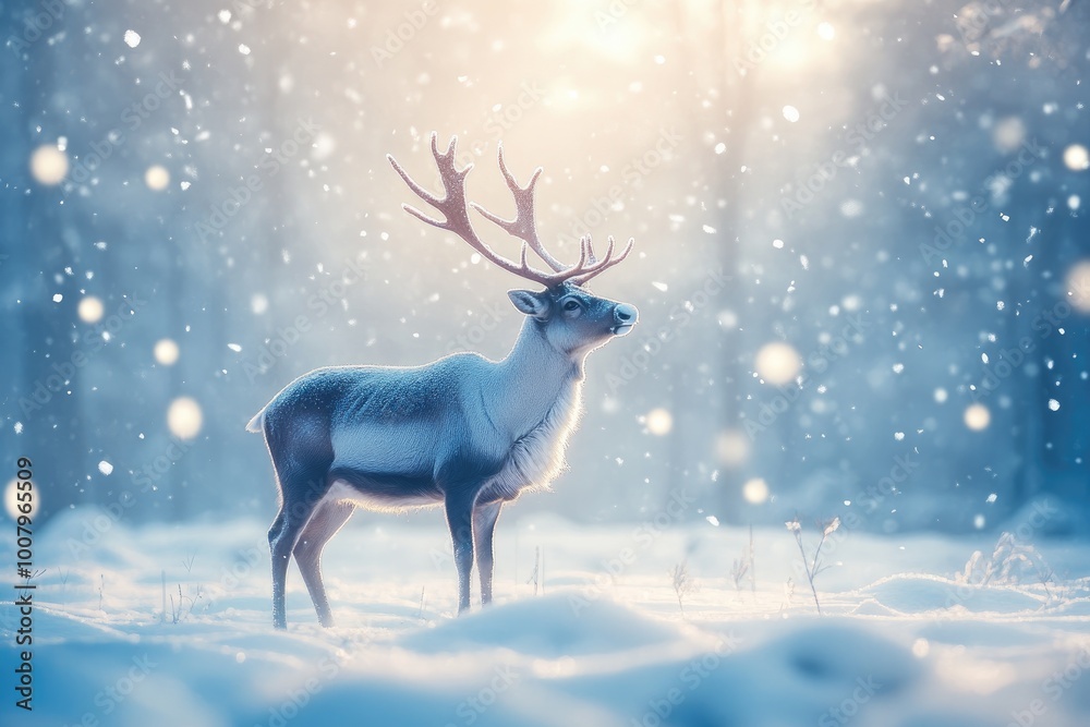 Reindeer Standing in a Snowy Forest During a Light Snowfall Reindeer Standing in a Snowy Forest During a Light Snowfall