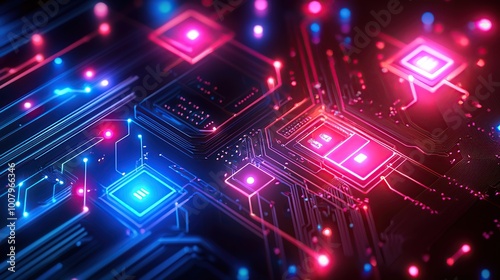 Wallpaper Mural Abstract close-up of a circuit board with glowing pink and blue lights, representing the intricate connections and flow of data in modern technology. Torontodigital.ca