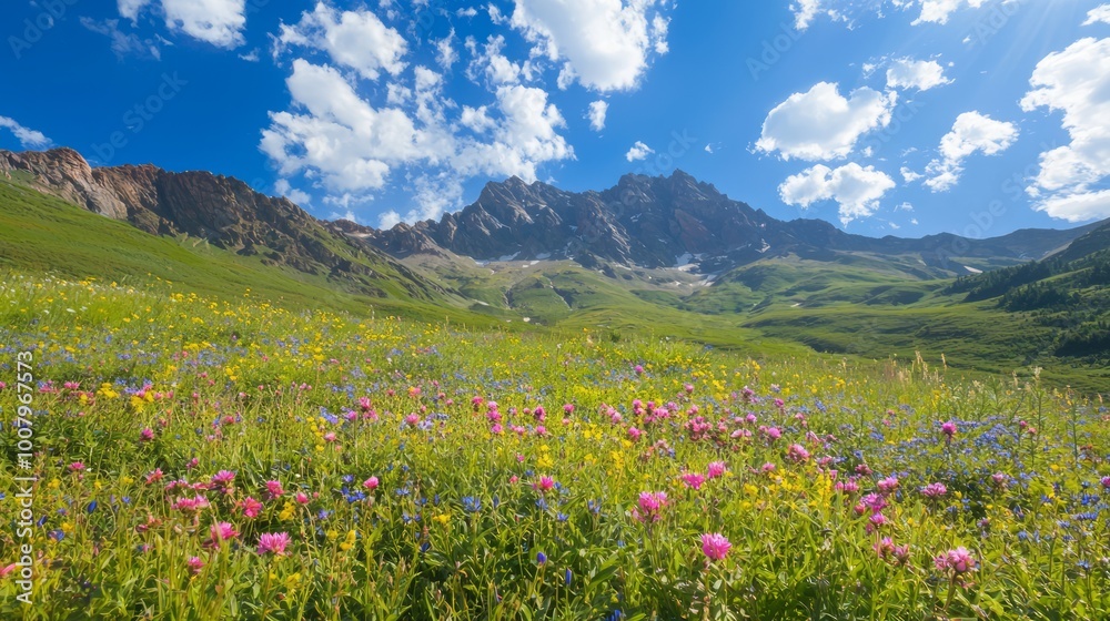 Fototapeta premium Majestic Mountain Ridge Overlooking Wildflowers: Epic Contrast of Nature's Beauty