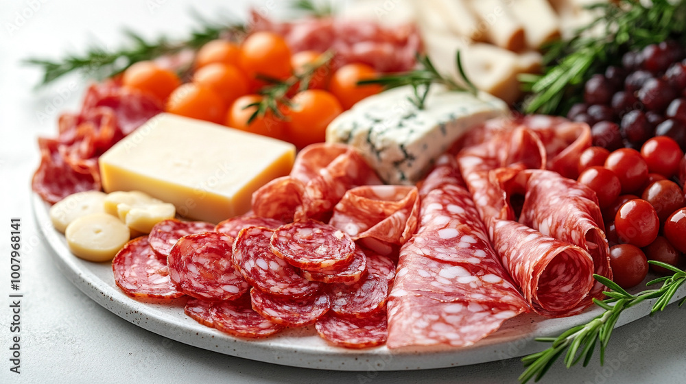 gourmet platter featuring an assortment of sliced salami, prosciutto, and fresh cheese. The vibrant presentation evokes a sense of indulgence, quality, and traditional culinary craftsmanship gourmet platter featuring an assortment of sliced salami, prosciutto, and fresh cheese. The vibrant presentation evokes a sense of indulgence, quality, and traditional culinary craftsmanship