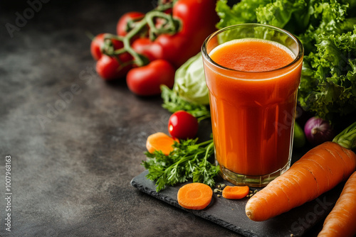 Fresh carrot juice in glass and vegetables on table