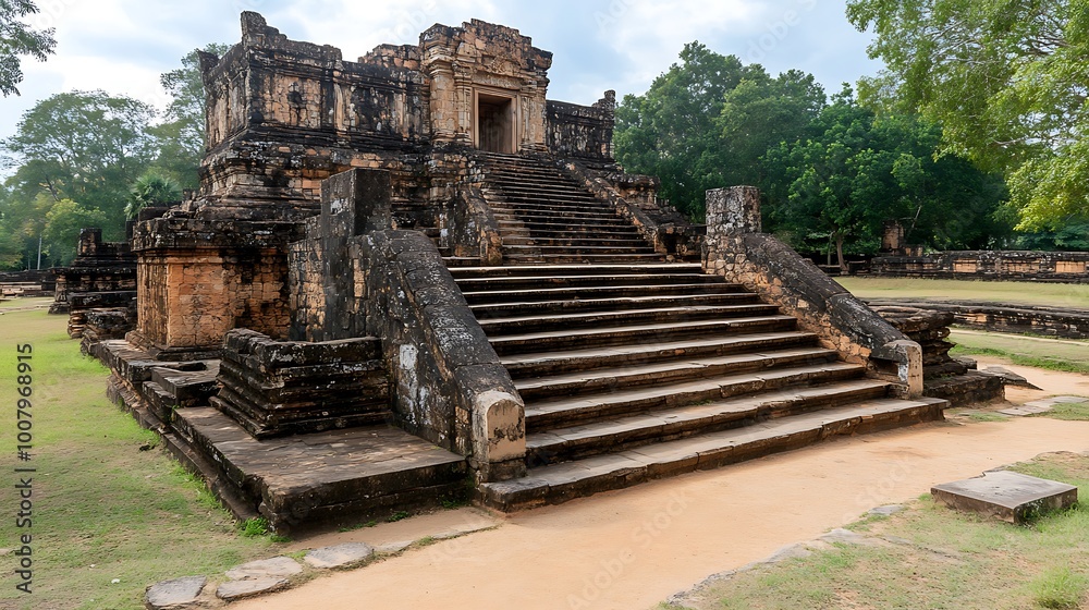 Ancient Stone Temple Ruins with Steps Green Grass and Trees in Southeast Asia Ancient Stone Temple Ruins with Steps Green Grass and Trees in Southeast Asia