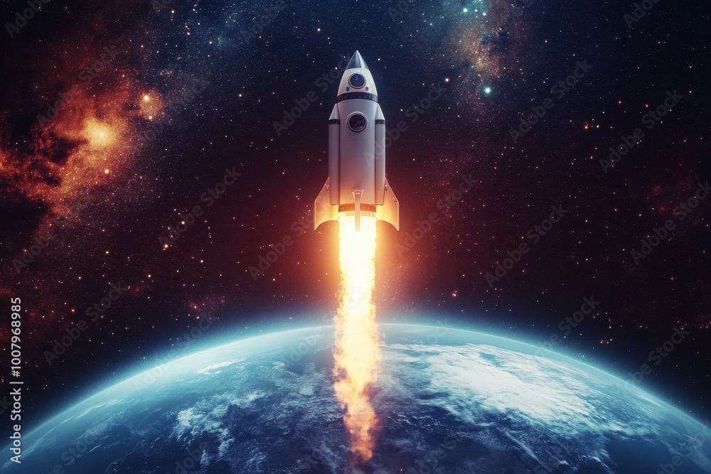 Naklejka premium Creative Rocket Ship Launching into Space