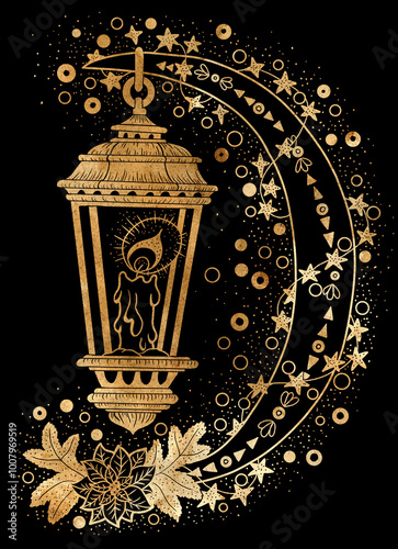 Styled grunge illustration with vintage old lantern and decorated moon against textured background. Esoteric, gothic and mystic poster or card. Halloween and New Year concept.