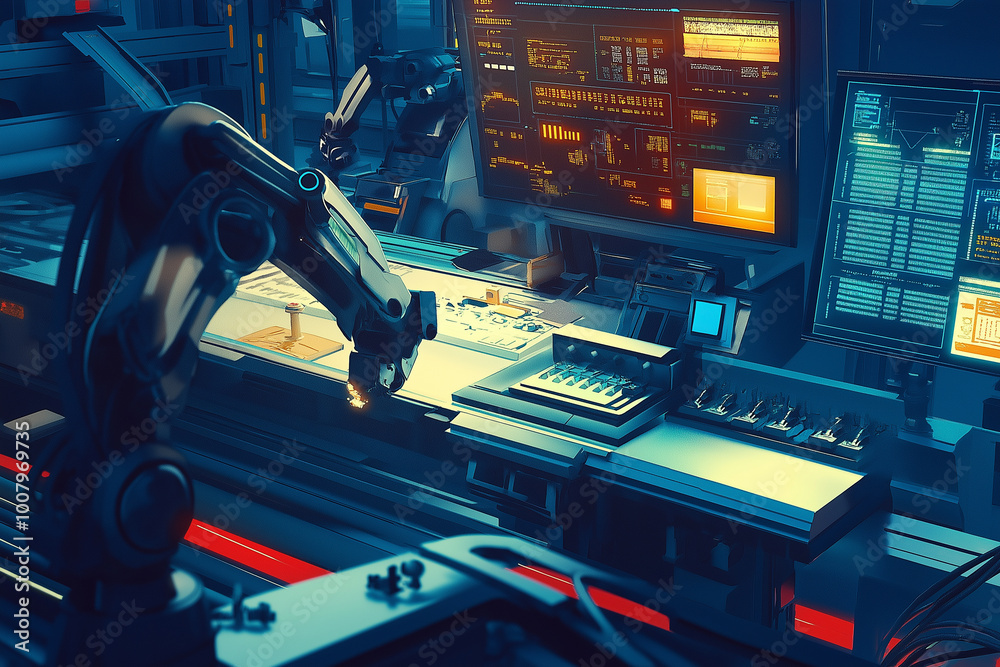 Robotic Arm and High-Tech Interface in Futuristic Workspace Robotic Arm and High-Tech Interface in Futuristic Workspace