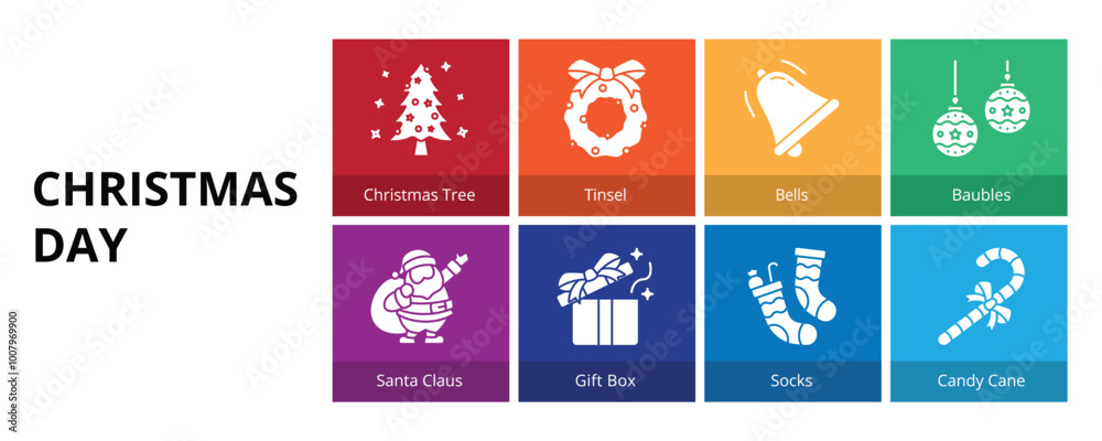 Christmas Day Glyph Solid Banner Web Icon Set Vector Illustration, Christmas Tree Tinsel Bells Baubles Santa Claus Gift Box Socks Candy Cane Christmas Day Glyph Solid Banner Web Icon Set Vector Illustration, Christmas Tree Tinsel Bells Baubles Santa Claus Gift Box Socks Candy Cane