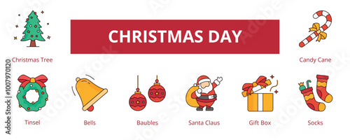 Christmas Day Lineal Color Banner Web Icon Set Vector Illustration, Christmas Tree Tinsel Bells Baubles Santa Claus Gift Box Socks Candy Cane