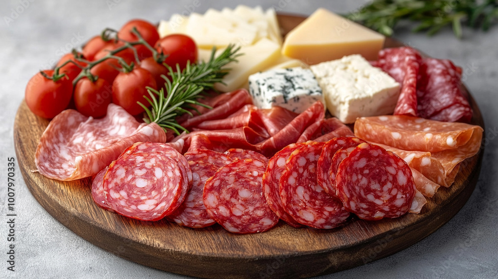 gourmet platter featuring an assortment of sliced salami, prosciutto, and fresh cheese. The vibrant presentation evokes a sense of indulgence, quality, and traditional culinary craftsmanship gourmet platter featuring an assortment of sliced salami, prosciutto, and fresh cheese. The vibrant presentation evokes a sense of indulgence, quality, and traditional culinary craftsmanship