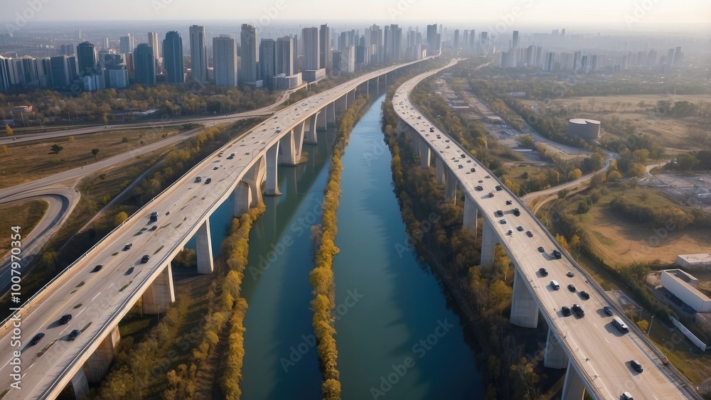 Drone shot of a highway road bridge, emphasizing its role in urban development and seamless vehicular transport Drone shot of a highway road bridge, emphasizing its role in urban development and seamless vehicular transport