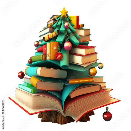 A Christmas tree creatively assembled using a variety of books as branches and decorations.