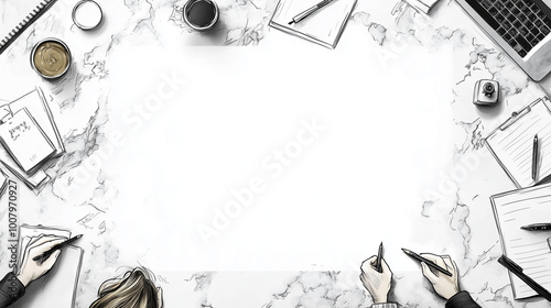 top view workspace with hands writing on marble desk  photo