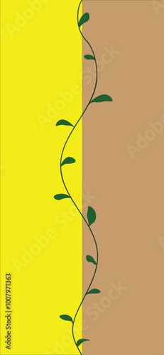 Small green leaves are coiled on a two-color background: yellow and brown.