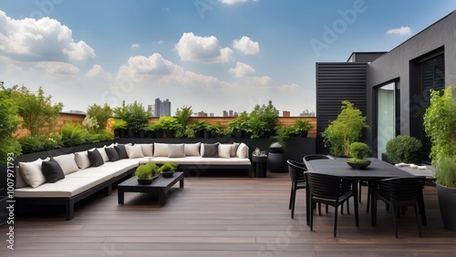 Panoramic view of a modern rooftop terrace with dark wood decking, lush plants, a brick fence, and sleek black garden furniture.