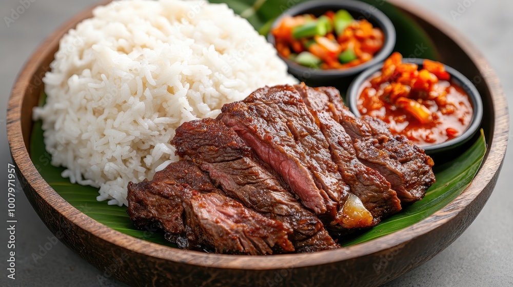 Malaysian Beef Steak with Rice and Condiments Malaysian Beef Steak with Rice and Condiments
