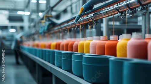 Colorful paint containers on a production line in a modern factory setting. photo