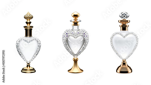 Collection of Beautiful Transparent Magic Love Potion Bottles, Luxury Heart-Shaped Crystal Bottles.