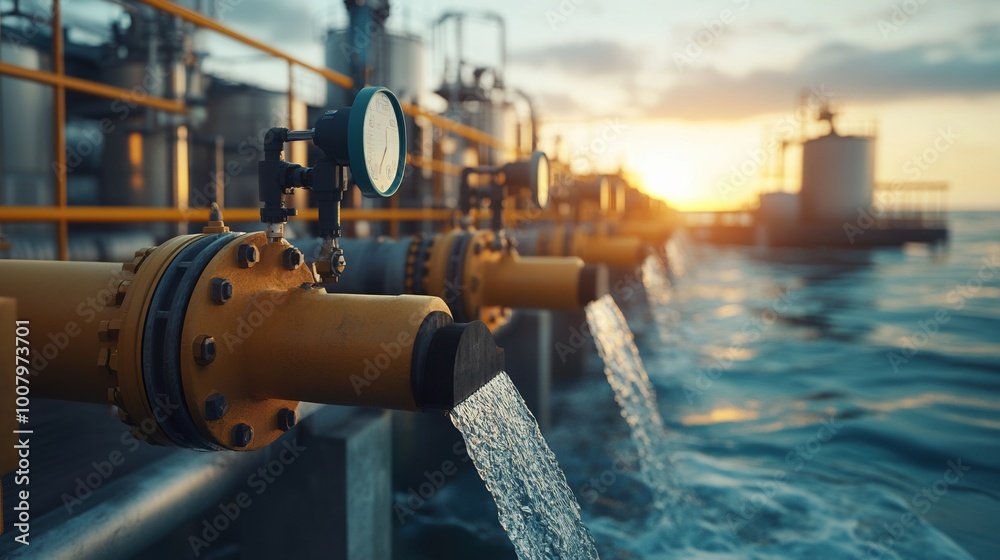 Industrial pipes discharging water into the sea during sunset. Industrial pipes discharging water into the sea during sunset.