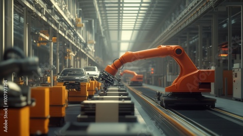 Industrial robot arm working on an assembly line with vehicles and machinery.