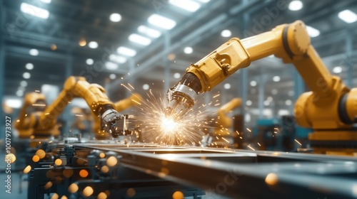 Industrial robotic arms welding at a manufacturing plant, sparks flying, blurred background.