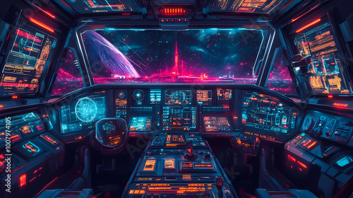 Fototapeta Naklejka Na Ścianę i Meble -  Futuristic spaceship cockpit interior. future spacecraft control panels technology, space travel concept. generative ai. Spaceship Interior. Illustration