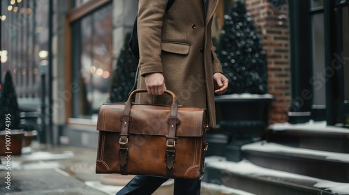 A sophisticated professional walking towards the office, his leather suitcase and classic attire exuding elegance
