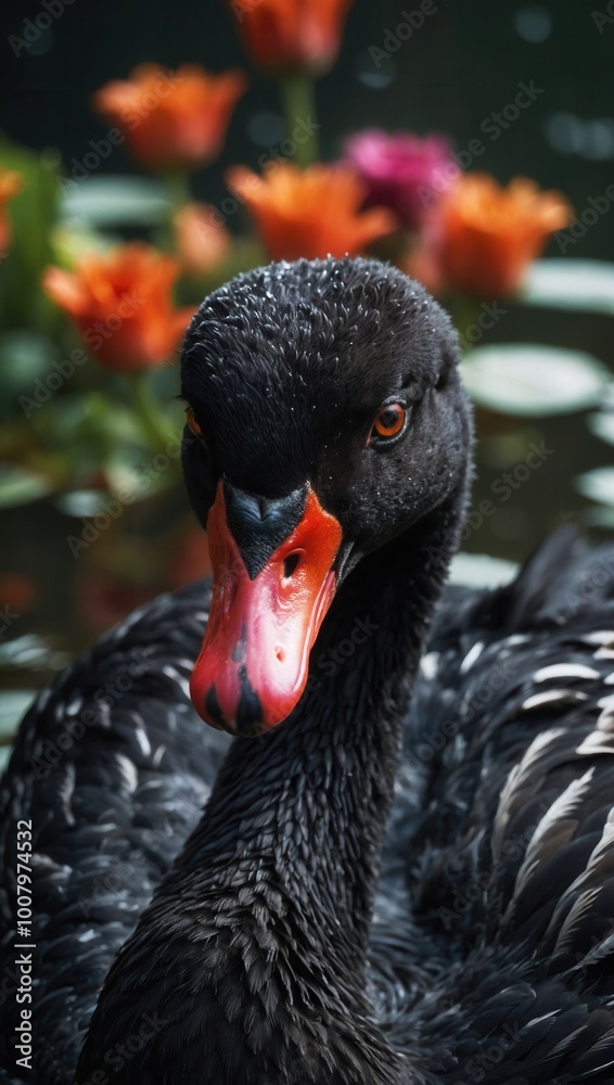 Black swan with extended neck in garden setting, blurred red flowers in background