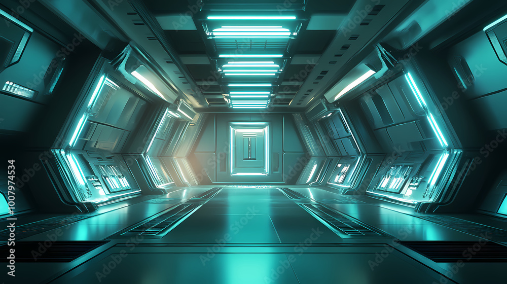Obraz premium Futuristic spaceship interior with glass windows and bright lights. Spaceship Interior. Illustration